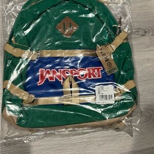 BRAND NEW Jansport Green and Tan Backpack with Blue Accent